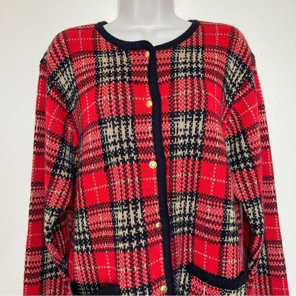 Crystal Kobe Red Plaid Cardigan Sweater Gold Button Front Pockets Women Small - Picture 3 of 10